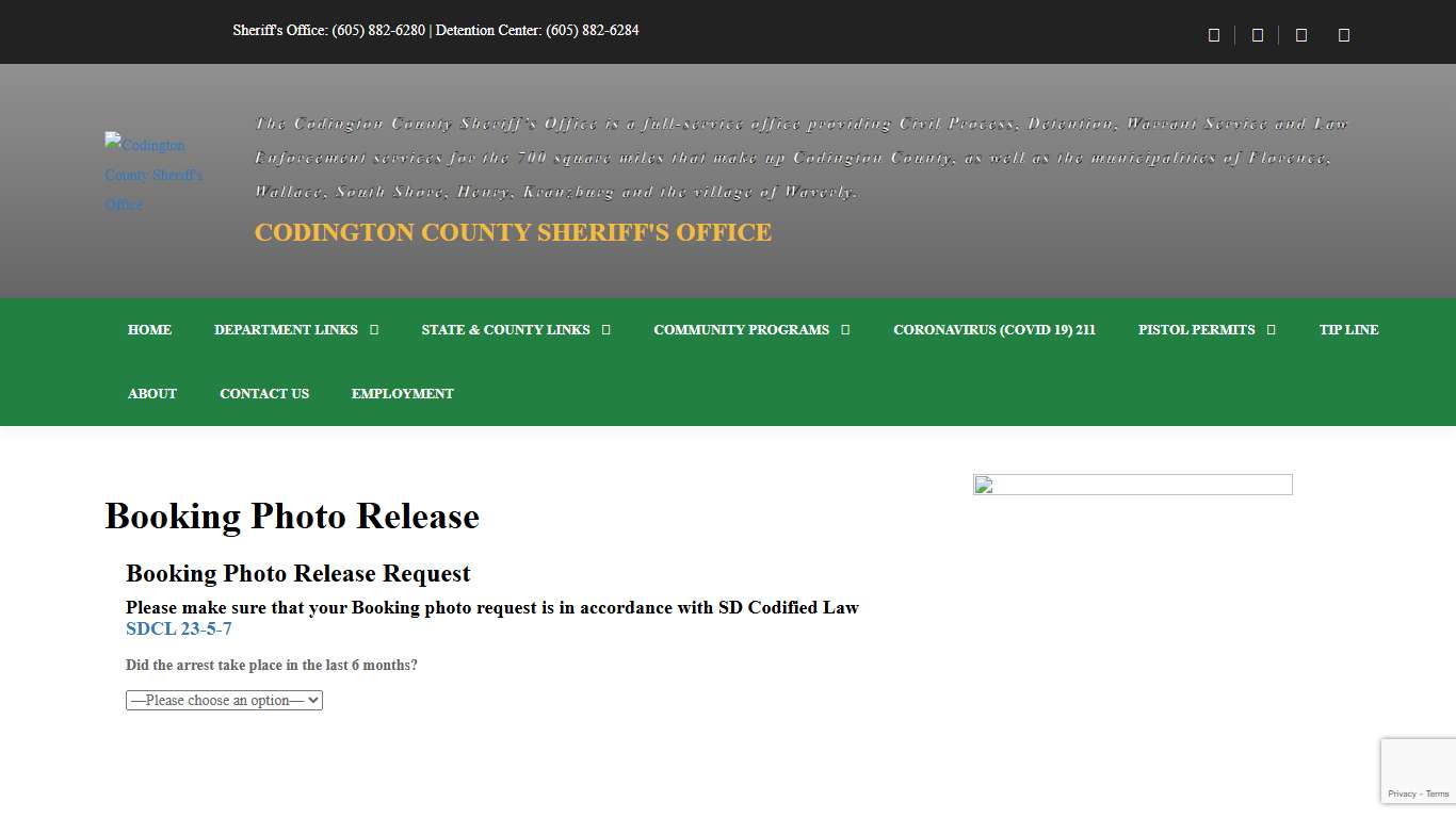 Booking Photo Release – Codington County Sheriff's Office